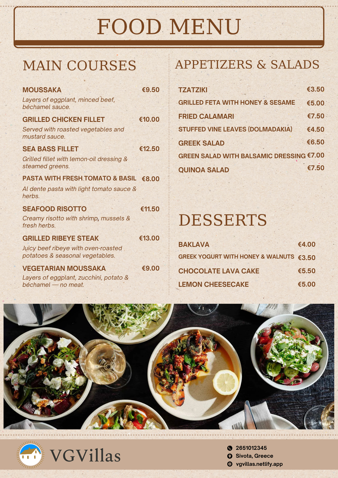 Food menu for VG Restaurant